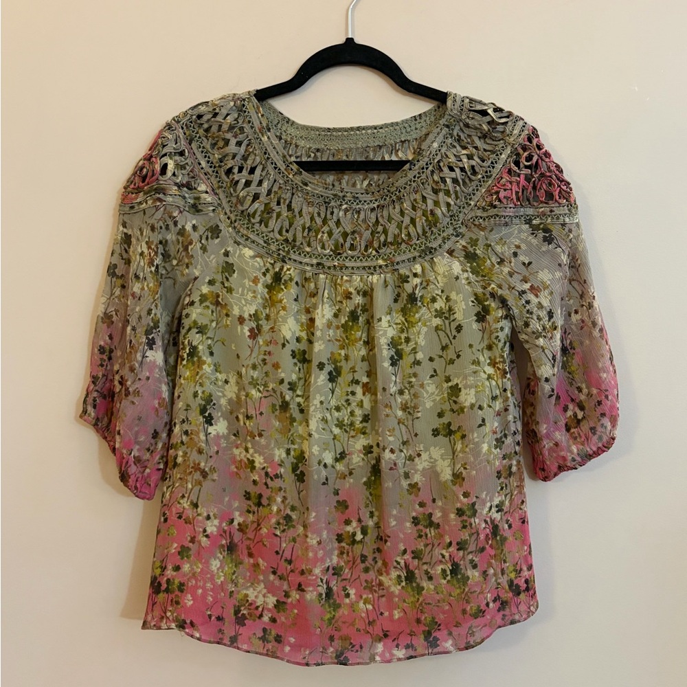 Sundance Silk Sheer Multicolor Floral Blouse Shirt Top, Cottagecore Fairy Boho